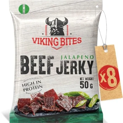 Abbildung von Viking Bites Beef Jerky Jalapeno (8 x 50g) Getrocknetes Rindfleisch Fleischsnack mit hohem Proteingehalt