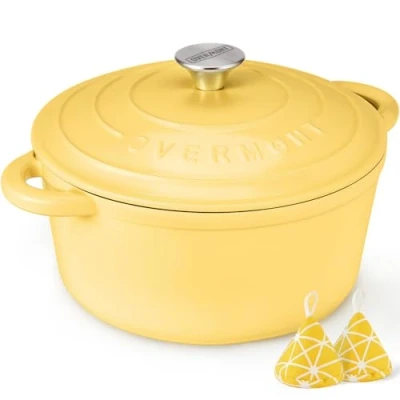 Abbildung von Overmont Bräter Emaille Gusseisen Topf Schmortopf 26cm backofengeeignet mit Deckel und Kochbuch für Küche Backen Schmoren Braten