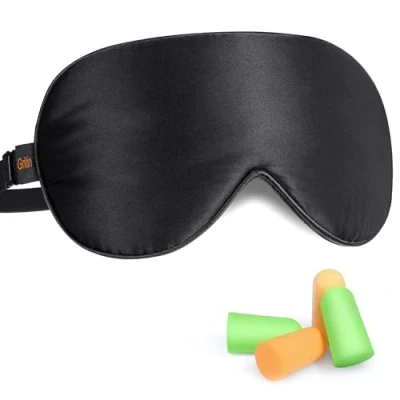 Abbildung von Gritin Schlafmaske aus Seide, Lichtblockierende Augenmaske Nachtmaske 100% Hautfreundlich Seide Geruchneutral Schlafbrille mit Verstellbarem Riemen und Ohrstöpseln für Männer, Frauen Kinder