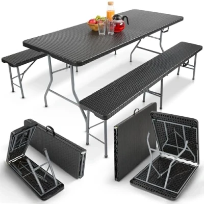 Abbildung von Arebos Bierzeltgarnitur 3 teilig Set Tisch + 2 x Bank Festzeltgarnitur für drinnen draußen Biertisch Zusammenklappbar &amp; mit Tragegriff Campingtisch Rattan Look Schwarz