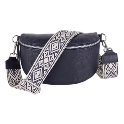 Abbildung von MIRROSI® Bauchtasche Damen, Echtleder, Made in Italy, Umhängetasche, Brusttasche, Crossbody Bag (1 Tasche &amp; 2 Gurte) (Navy (Karo), Kleine (22x13x6cm))
