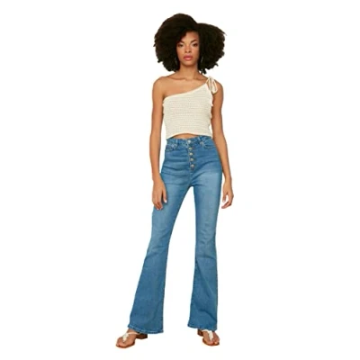 Abbildung von Trendyol Damen R Frontknopf mit Hoher Taille Flare Jeans Palazzo, Hellblau, 36
