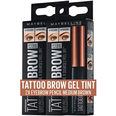 Abbildung von Maybelline New York Augenbrauenfarbe im Doppelpack, Tattoo Brow Gel Tint, Mit Peel off Formel, Nr. 2 Medium Brown, x 5 ml