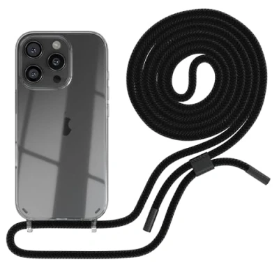 Abbildung von EAZY CASE Handykette kompatibel mit iPhone 16 Pro dünne Handyhülle für Apple Hülle Band als Fallschutz Kette zum Umhängen transparente Silikon in Schwarz Transparent