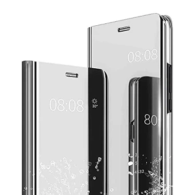 Abbildung von WOBURN Hülle für Samsung Galaxy A54 5G, Spiegel Clear View Flip Handyhülle, PU/PC Lederhülle Schutzhülle Mirror Make Up Case Cover mit Klappbarer Stände. Silber
