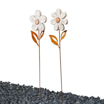 Abbildung von levandeo 2er Set Gartenstecker Blume H57cm Rost Holz Garten Deko Frühling Stele Beetstecker Rostdeko