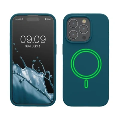 Abbildung von kwmobile Hülle kompatibel mit Apple iPhone 15 Pro magnetisches Silikon Case MagSafe Cover gummiert Petrol matt