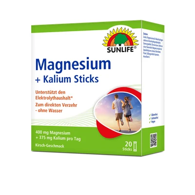 Abbildung von SUNLIFE SUNLIFE® Magnesium 400 mg + Kalium Sticks 20 Stk Kirsche Elektrolyte 2 x mal täglich den Inhalt von je einem Stick direkt auf die Zunge geben und langsam im Mund zergehen lassen