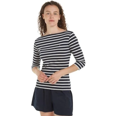 Abbildung von Tommy Hilfiger Damen Langarmshirt Slim U Boot Ausschnitt, Mehrfarbig (Breton Desert Sky/Ecru), XXS