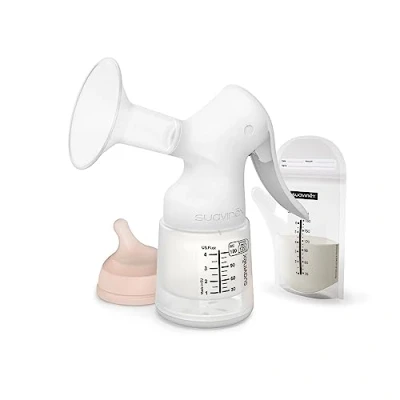 Abbildung von Suavinex, Materna Milchpumpenset für manuelle Milchpumpe, 120 ml, mit anpassbarem Durchfluss, 3 Aufbewahrungstaschen, Reißverschluss, Transporttasche, Milchpumpe