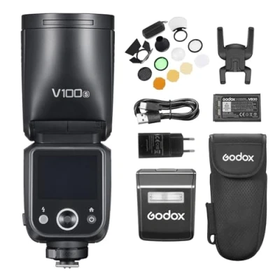 Abbildung von Godox V100S Rundkopf Kamerablitz, 100 W TTL Speedlite, Touch Steuerungsbildschirm, integrierte LED Einstelllampe mit abnehmbarem Sub Blitz, AK R1 Kit, Diffusorbrett kompatibel Sony Kameras