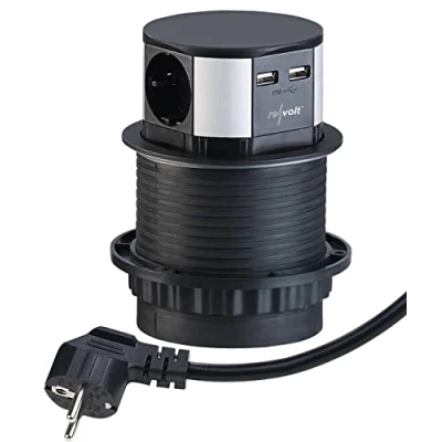 Abbildung von revolt Tischsteckdosen: Versenkbare Einbau Tisch Steckdose, 3 Fach, 2X USB, Ø 100 mm, schwarz (Tischsteckdose rund, Tischsteckdose mit iPhone Ladestation)