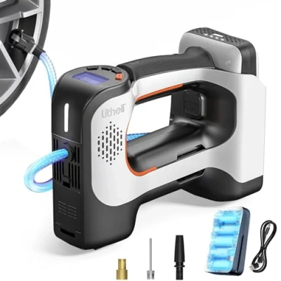Abbildung von Litheli Elektrische Luftpumpe, 20V Luftkompressor 10000 mAh, batteriebetriebenes digitales Druckmessgerät, 160PSI, tragbare Pumpe für Auto, Fahrrad und Sportbälle