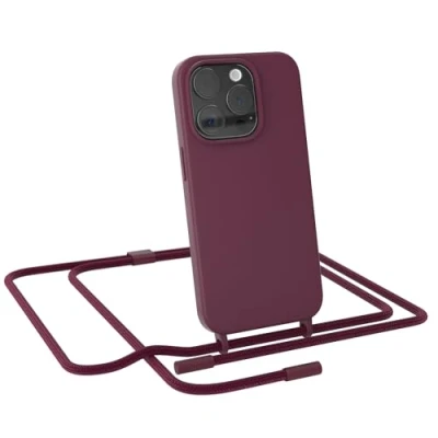 Abbildung von EAZY CASE Handykette kompatibel mit iPhone 15 Pro dünne Handyhülle für Hülle Band als Fallschutz Kette zum Umhängen stoßeste Silikon Mikrofaser in Beere