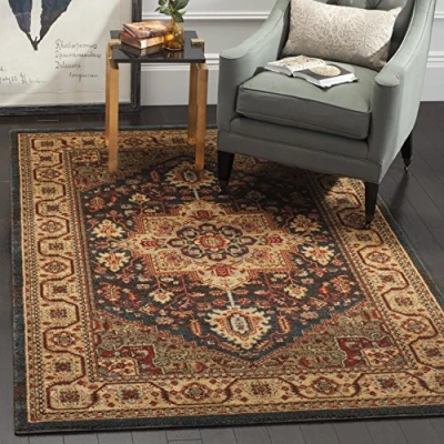 Abbildung von SAFAVIEH Traditionell Teppich für Wohnzimmer, Esszimmer, Schlafzimmer Mahal Collection, Kurzer Flor, Marineblau und Natur, 122 X 170 cm