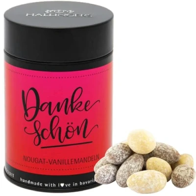Abbildung von Hallingers Dankeschön Nougat schokolierte Vanille Mandeln handgemacht (Dose) Adventskalender Neuheiten &amp; befüllen Danke Neues Zuhause