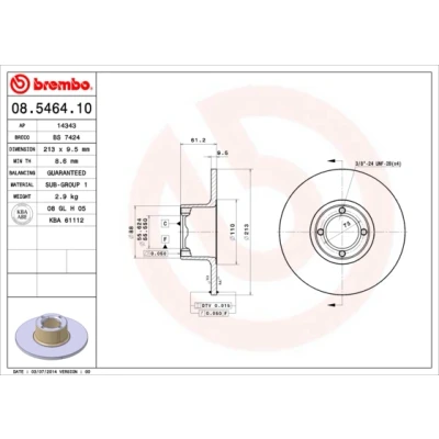Abbildung von BREMBO 08.5464.10 Bremsscheibe 213 9,5 4 voll ROVER: Mini Hatchback, Cabrio