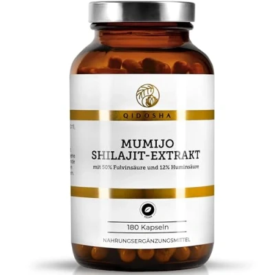 Abbildung von QIDOSHA® Mumijo Shilajit Extrakt, 180 Kapseln im Apothekerglas, 1300mg je Tagesportion, 650mg Kapsel, mit Fulvinsäure und Huminsäure, deutsche Fertigung, jede Charge laborgeprüft