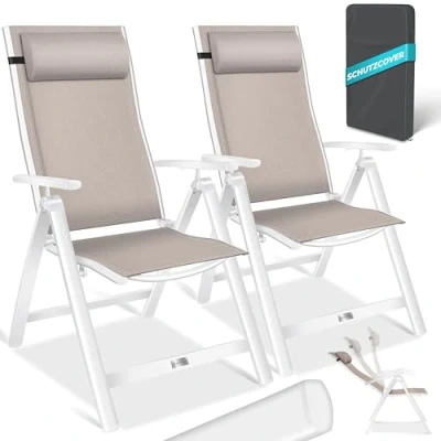 Abbildung von KESSER® Gartenstuhl Hochlehner mit Armlehnen 2er Set Aluminium Klappstuhl Kopfkissen &amp; Cover Campingstuhl 7 Fach Verstellbar Rückenlehne Atmungsaktiv Wetterfest Klappbar Anti Rutsch Taupe