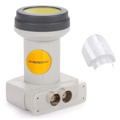 Abbildung von [ Test 2X SEHR GUT* ] AX Mimic Sun Protect Digital Twin LNB 0.1dB HDTV, 4K, UHD, Full HD extrem kälte &amp; hitzebeständig ( 35 bis 70C) für 2 Teilnehmer 2Fach + Wetterschutz Haube