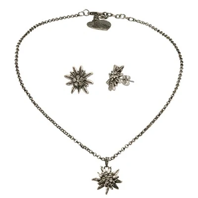 Abbildung von Alpenflüstern Trachten SET UND Ohrstecker Strassedelweiss Klein Ohrringe, Damen, Größe: One Size, Antik silber farben