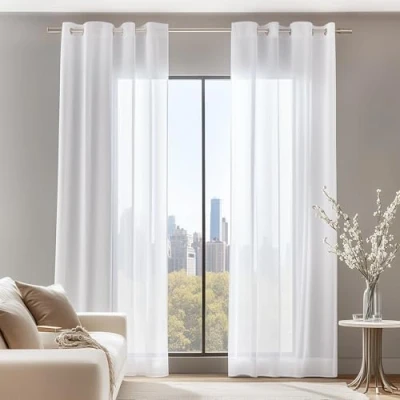 Abbildung von Deconovo Vorhang Stores Gardinen mit Ösen Wohnzimmer Ösenvorhang Transparent Voile Gardinen, 245x140 cm(HöhexBreite), Weiß, 2er Set
