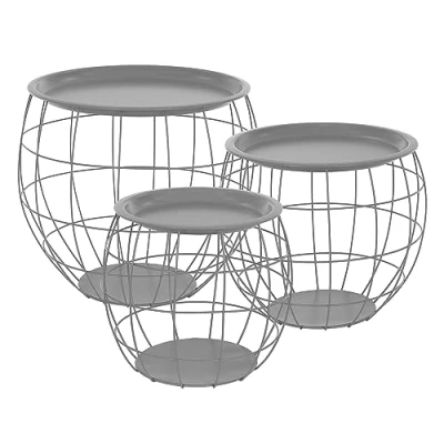 Abbildung von ML DESIGN Beistelltisch Sofatische aus Metall rund Wohnzimmertische Satztische, Couchtisch Grau Metallkörbe Drahtkorb mit abnehmbarer Tischplatte