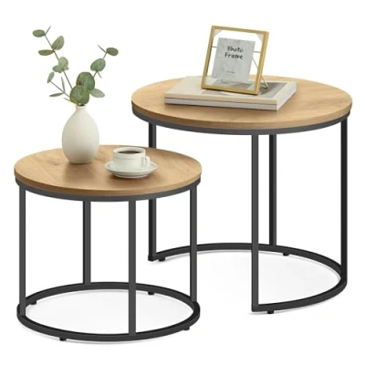 Abbildung von Home Collective Couchtisch 2er Set Rund Beistelltisch Loft Design 2 in 1 Verschachtelung Kratzfeste Oberfläche, Wohnzimmer 53cm und 43cm Breit Sonoma Eiche mit schwarzen Beinen