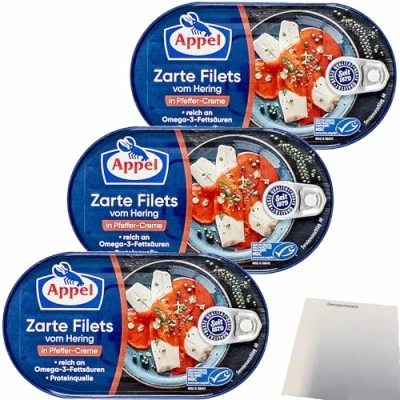 Abbildung von Appel Heringsfilets Zarte Filets vom Hering in Pfeffer Creme 3er Pack (3x200g Dose) + usy Block