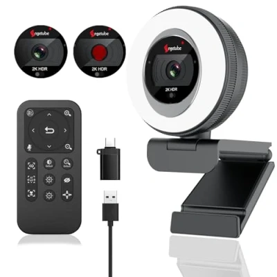 Abbildung von Angetube Streaming Webcam, 2K Webcam mit Ringlicht, 1080P HDR PC Kamera Steuerung, Dual Stereo Mikrofon und Privatsphäre Abdeckung, Autofokus 5 Fach Zoom, Computerkamera für Laptop
