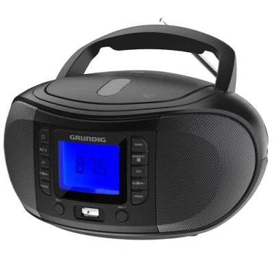 Abbildung von GRUNDIG GRB 3500 tragbare Radio Boombox mit Bluetooth, integrierter CD Player, USB 2.0 Anschluss, 3,5 mm Kopfhöreranschluss, FM Empfangsteil PLL Frequenz Abstimmung, 30 Senderspeicher, Schwarz
