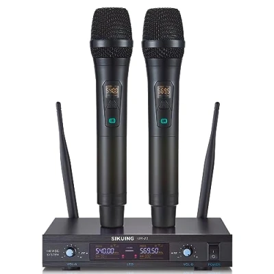 Abbildung von SIKUING Wireless Microphone System, Metall Dual Pro UHF Cordless Dynamic Mic, 2x30 einstellbare Frequenzen, Handheld System für Home Karaoke, Meeting, Kirche, 300ft Reichweite (2 Handheld)