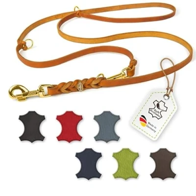 Abbildung von CopcoPet Fettlederleine für Hunde 3 Fach verstellbare Hundeleine aus weichem Leder mit Karabinern &amp; Beschlägen Messing geflochtene Führleine 100% Handmade in Germany (3 m x 20mm Cognac)