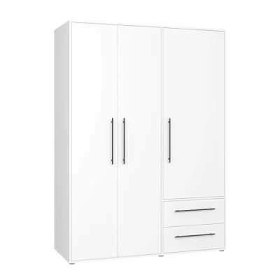 Abbildung von AVANTI TRENDSTORE Fathie Kleiderschrank mit 3 Flügeltüren und 2 Schubladen aus laminiertem Holz in weiß matt verschiedenen Farben erhältlich LAP 145x200x59 cm