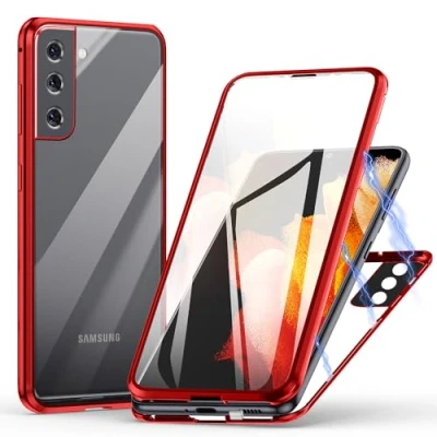 Abbildung von Hülle für Samsung Galaxy S22 5G, Magnetische Adsorption Handyhülle 360 Grad Schutz Aluminiumrahmen mit Gehärtetes Glas, Starke Magneten Stoßfest Metall Flip Case Cover rot