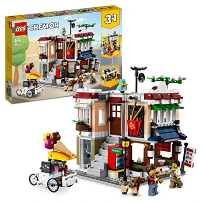 Abbildung von LEGO 31131 Creator Nudelladen, Fahrradladen und Spielhalle, 3in1 Konstruktionsspielzeug mit Zubehör wie Spielautomaten, Bonsai Hunde Figur, Geschenk für Kinder ab 8 Jahren, Modular Building