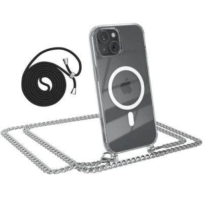Abbildung von EAZY CASE Handykette kompatibel mit iPhone 15 Kette zum Umhängen Stoßfest Handyhülle für Silikon Hülle Band aus Metall Transparent als Fallschutz in Silber