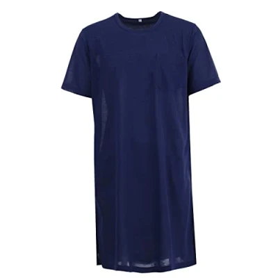 Abbildung von Herren Nachthemd Kurzarm Knopfleiste Muster mit Brusttasche Schlafshirt, Farbe:Navy, Größe:M