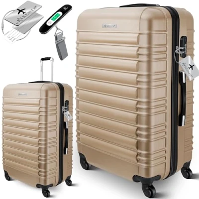 Abbildung von KESSER® Reisekoffer Hartschalen Koffer Inkl. Kofferwaage + Gepäckanhänger Trolley Gepäck Rollkoffer Zahlenschloss 4 Rollen ABS Hartschale Teleskopgriff (Champagne, 75cm 120L)
