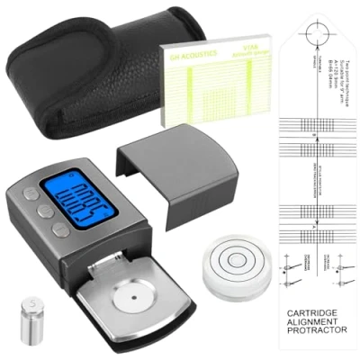 Abbildung von 4PCS Justier und Einstellungsset zur Plattenspieler, mit Digitaler Tonarmwaage Digitale Turntable, Azimut Messgerät Ausrichtungsblock, Libelle Überhangschablone, für Turntables Tonarm Phono