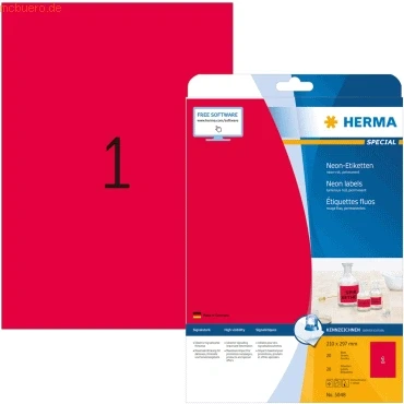 Abbildung von HERMA Etiketten neon rot 210x297mm Special A4 LaserCopy 20 Stück