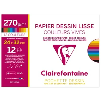 Abbildung von Clairefontaine 96774C Packung mit 12 Bögen glattes Zeichenpapier Maya, 270g, 24 x 32cm, 1 Pack, kräftige Farben Sortiert, Papier, 32 cm