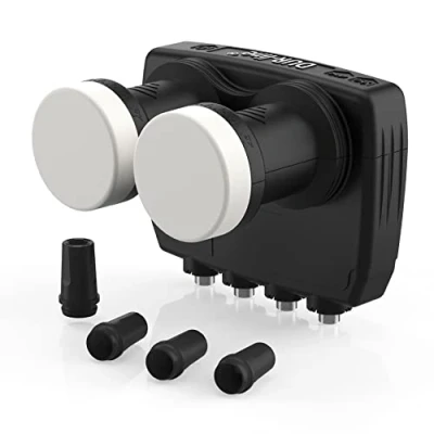 Abbildung von DUR line 6 Monoblock Quad LNB Astra 19,2E + Hotbird 13E 4 Teilnehmer &amp; 2 Satelliten (MB6 QS) Doppel LNC mit integriertem DiSEqC Full HD, 4K, 8K, 3D Wetterfest Mobilfunk Abschirmung