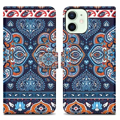 Abbildung von Cadorabo Hülle kompatibel mit Apple iPhone 12 Mini Handyhülle ausim Muster Design Premium Kunst Leder Flip Klappbare Stoßfeste Magnetische [Standfunktion] Case für in Blau