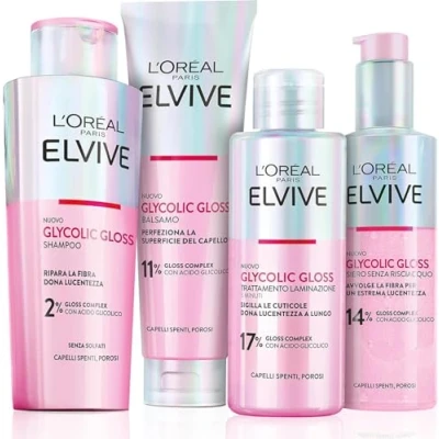 Abbildung von L&#039;Oréal Paris Elvive Glycolic Gloss Haarkur Elvital mit Glykolsaure Set Shampoo 200ml + Conditioner 150ml Leave In Serum Laminierung 5 Minuten 4 Flaschen