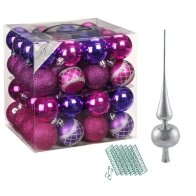 Abbildung von JACK 64x Kunststoff Christbaumkugeln Ø 6cm + Spitze 28cm inkl. Aufhänger Dekor Kugeln Set Weiß Rot Gold Grün Blau Silber, Farbe:Pink Purple Mix