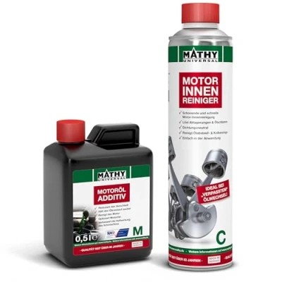 Abbildung von MATHY Motor Reinigungs Set Motorinnenreiniger + Motoröl Additiv Motorspülung &amp; Verschleißschutz für Diesel Benzin Motorreiniger Ölwechsel