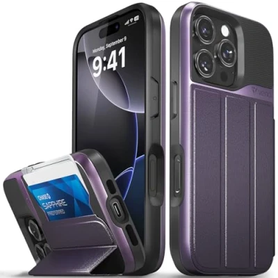 Abbildung von VENA vCommute Brieftaschen Schutzhülle, kompatibel mit Apple iPhone 16 Pro (6,3 Zoll), Fallschutz in Militärqualität, Klapphülle, Leder, Kartenschlitz, Halter Ständer, Dunkelviolett