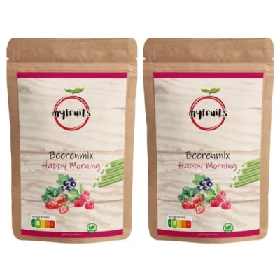 Abbildung von myfruits Beerenmix Happy Morning, Mischung aus gefriergetrockneten Früchten, 600g (2x300g), ohne Zusätze, Erdbeerscheiben, Himbeeren, schwarze Johannisbeeren