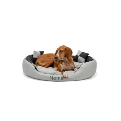 Abbildung von lionto Hundebett 4 in 1 mit Wendekissen aus robustem Oxford, 85x70 cm, Heimtierkissen Kratzfest tiefem Einstieg für Katzen und Hunde Aller Größen, wasserabweisend, grau/schwarz (Namensaufdruck)